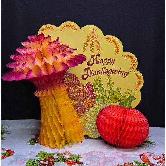 Retro Vintage Happy Thanksgiving Honey Comb Die Cut Scan Party 1988 - Picture 1 of 12